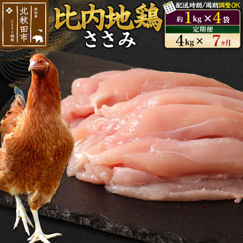 《定期便7ヶ月》 比内地鶏 ささみ 4kg（1kg×4袋）×7回 計28kg 時期選べる お届け周期調整可能 7か月 7ヵ月 7カ月 7ケ月 28キロ 国産 冷凍 鶏肉 鳥肉 とり肉 ササミ [比内地鶏 国産 冷凍 鍋 唐揚げ 焼き鳥 親子丼用 業務用 家庭用 鶏肉] 1483505 - 秋田県北秋田市
