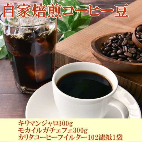 自家焙煎コーヒー豆（キリマンジャロ・モカイルガチェフェ）各300gとカリタ102コーヒーフイルター100枚セット 148898 - 和歌山県美浜町