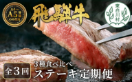 [1月発送開始]飛騨牛 ステーキ定期便 全3回 計約1.5kg ステーキ 焼肉 BBQ リブロース モモ サーロイン 贅沢 贈り物 3ヶ月 定期 おすすめ 選べる 人気 飛騨 ブランド牛 肉のひぐち