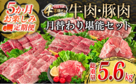 【令和7年1月から毎月配送】5か月定期便 月替わりで堪能!! 牛肉 豚肉 焼肉 セット 豚バラ 肩ロース モモ ウデ 総重量5.6kg 国産 食品 おかず BBQ バーベキュー 小分け 宮崎牛 黒毛和牛 小間切れ 赤身 A4 A5 高級 グランピング お弁当 おすすめ 人気 宮崎県 日南市 送料無料_IG3-23-L