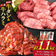 【能登支援】大人気！ 厚切り 牛タン 牛ハラミ セット 計1.1kg [モ～ランド 宮城県 気仙沼市 20564780] 牛肉 肉 焼肉 精肉 牛たん 牛タン塩 牛たん塩 タン ハラミ はらみ サガリ タレ BBQ おすすめ 焼き肉 焼肉セット 焼肉用 小分け 冷凍 能登 支援