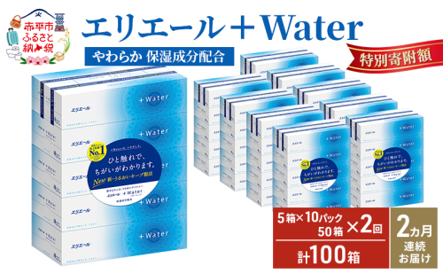 【2ヶ月連続お届け・計100箱】エリエール ＋Water 180組 5箱×10パック ティッシュペーパー 箱ティッシュ ボックスティッシュ 日用品 消耗品 保湿成分配合 やわらか 定期便 1512188 - 北海道赤平市