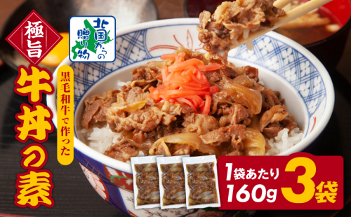 美味しくなってリニューアル！【黒毛和牛】で作った極旨牛丼の素（160g×3袋） 時短 簡単便利 レンチン 夜食 つまみにもオススメ G1334 1516789 - 大阪府泉佐野市