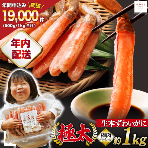 【年内配送 12/15まで受付】【能登支援】極太 生本ずわいがに 棒肉ポーション 約1kg 26本～40本入り 殻剥き不要 ! 脚肉のみ ! [カネダイ 宮城県 気仙沼市 20564812] 蟹 かに カニ ずわいがに ズワイガニ ずわい蟹 ズワイ蟹 カニ脚 蟹脚 カニ棒肉 能登 支援 1517131 - 宮城県気仙沼市