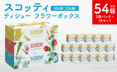 【スコッティ】 ティシュー フラワーボックス 250組 3箱パック×18 合計54箱 ティッシュ 日用品 生活必需品 1518137 - 熊本県八代市