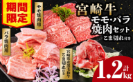 [期間限定]宮崎牛モモ焼肉500g×1 宮崎牛バラ焼肉500g×1 宮崎県産黒毛和牛小間切れ100g×2 合計1.2kg_M132-027-UP