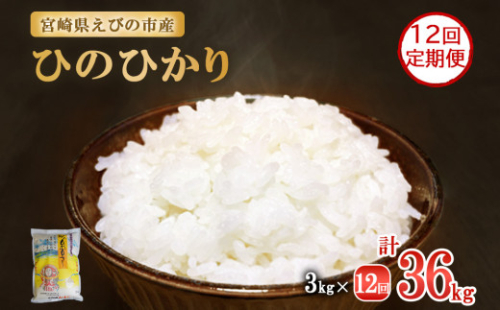 【年間定期便】 えびの産 ひのひかり 3kg×12ヶ月 合計 36kg 定期便 米 お米 白米 おにぎり ヒノヒカリ お弁当 九州 宮崎県 特選米 冷めても美味しい 送料無料 1523176 - 宮崎県えびの市