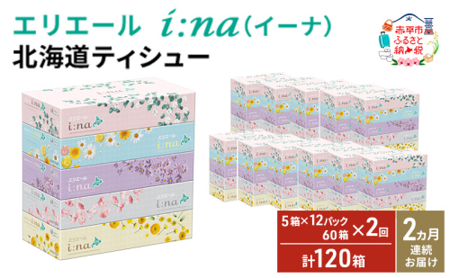 【2ヵ月連続お届け・計120箱】エリエール i:na (イーナ) 北海道 ティシュー 150組5箱 12パック ティッシュペーパー 箱ティッシュ まとめ買い 防災 常備品 備蓄品 消耗品 日用品 生活必需品 送料無料 赤平市 1523983 - 北海道赤平市