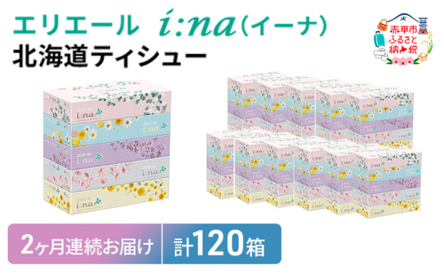 2ヵ月連続お届け 計120箱 エリエール i:na (イーナ) 北海道 ティシュー 150組5箱 12パック ティッシュペーパー 箱ティッシュ まとめ買い 防災 常備品 備蓄品 消耗品 日用品 生活必需品 送料無料 赤平市 1523983 - 北海道赤平市