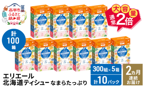 【2ヵ月連続お届け・計100箱】エリエール 北海道 ティシュー なまらたっぷり 300組5箱 10パック 大容量 まとめ買い 防災 常備品 備蓄品 消耗品 日用品 生活必需品 赤平市 1523985 - 北海道赤平市