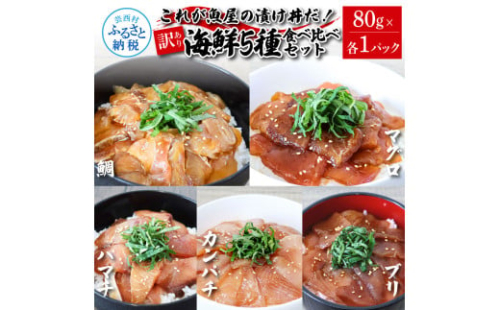 訳あり魚屋の最強漬け丼5種セット 各80g×1P 計5P マグロ ブリ カンパチ タイ ハマチ タレ漬け 簡単 海鮮丼 お刺身 刺身 おかず 惣菜 魚 魚介類 海鮮 新鮮 個包装 小分け 訳アリ 食品 1537206 - 高知県芸西村