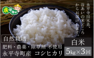 [令和6年産 新米][3ヶ月連続お届け]自然栽培のコシヒカリ 永平寺町市野々産[白米]5kgx3ヶ月(計15kg)無農薬 化学肥料 除草剤 不使用 福井県 永平寺 定期便