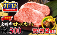 [最速便][市制100周年特別規格・期間限定]宮崎牛ロースステーキ250g×2 合挽きハンバーグ100g×2個 合計700g_M132-014-B-2W