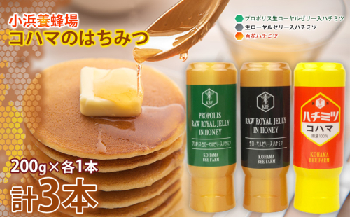 コハマのハチミツ 200g 3本セット 国産 はちみつ ハチミツ 蜂蜜 hatimitu ハニー HONEY 蜜 百花 プロポリス 生ローヤルゼリー 詰め合わせ 食べ比べ 小分け お試し グルメ ギフト セット 内祝い 沖縄 1538689 - 沖縄県沖縄市