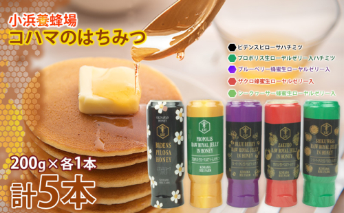 コハマのハチミツ 200g 5本セット 国産 はちみつ ハチミツ 蜂蜜 hatimitu ハニー HONEY 蜜 さし草 プロポリス 生ローヤルゼリー 詰め合わせ 食べ比べ 小分け お試し グルメ ギフト セット 内祝い 沖縄 1538690 - 沖縄県沖縄市