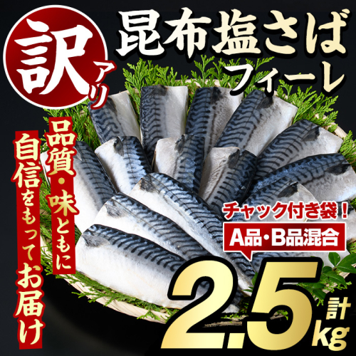 訳あり！昆布塩さばフィーレ(A品B品混合2.5kg) 大容量 ボリューム サバ 鯖 フィレ 魚介類 海産物 海鮮 海の幸 おかず おつまみ 惣菜 グリル 焼き魚 煮魚 切り身 昆布 塩サバ 脂 ご家庭用 リピート 【グローバルフーズ】akn061-04 1539126 - 鹿児島県阿久根市