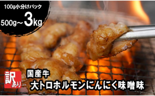 【 訳あり 】 国産牛 大トロホルモン にんにく味噌味 500g 1kg / 1.5kg / 2kg / 3kg 100g 小分け パック ニンニク ガーリック 味噌味 ホルモン 焼き 焼肉 味付 小分け 冷凍 味噌だれ 不揃い 焼き肉 炒め物 国産 牛 肉 京都府 舞鶴市 幸福亭 1544109 - 京都府舞鶴市