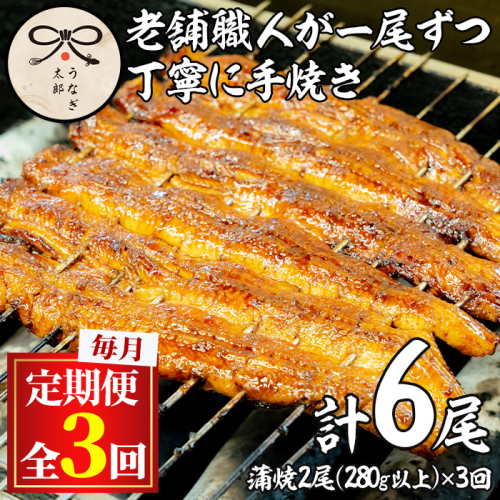 【0783706b】＜定期便・全3回(連続)＞鹿児島県産東串良町のうなぎ蒲焼(2尾・計280g以上・秘伝のタレ付き×3回) うなぎ 高級 ウナギ 鰻 国産 蒲焼 蒲焼き たれ 鹿児島【うなぎ太郎】 154818 - 鹿児島県東串良町