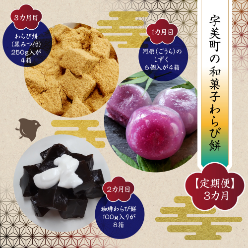 和菓子 わらび餅 3回 定期便 河原のしずく 6個入4個 珈琲わらび餅 100g入り 8個 わらび餅 黒みつ付 250g 4個 [アイライズ工房 福岡県 宇美町 um40azo730006] わらびもち コーヒー 珈琲 黒蜜 黒みつ 1549496 - 福岡県宇美町