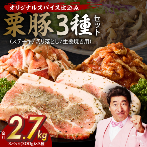 栗豚 3種セット 合計 2.7kg（ステーキ/切り落とし/生姜焼き用）【オリジナルスパイス仕込み 豚肉 小分け 盛り合わせ 食べ比べ 焼くだけ】 099H3120 1550158 - 大阪府泉佐野市