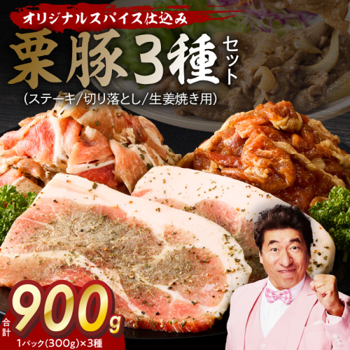 栗豚 3種セット 合計 900g（ステーキ/切り落とし/生姜焼き用）【オリジナルスパイス仕込み 豚肉 小分け 盛り合わせ 食べ比べ 焼くだけ】 099H3121 1550159 - 大阪府泉佐野市