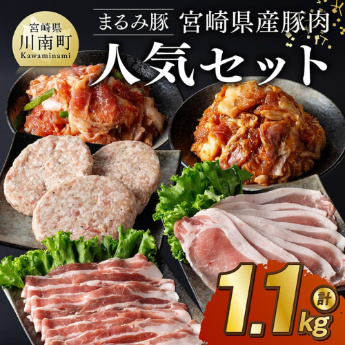 「まるみ豚」宮崎県産豚肉　人気セット　計1.1kg 【 豚肉 豚 肉 国産 川南町 ウデ モモ ハンバーグ ローススライス バラスライス 】 1550625 - 宮崎県川南町