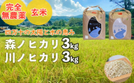 【2024年産・新米】完全無農薬の玄米『森ノヒカリ(3kg)』『川ノヒカリ(3kg)』セット　Bnm-21　／お米 朝日 新米 数量限定 四万十 高知 チェーン除草 贈り物 ギフト プレゼント お取り寄せ お歳暮 お中元 御年賀