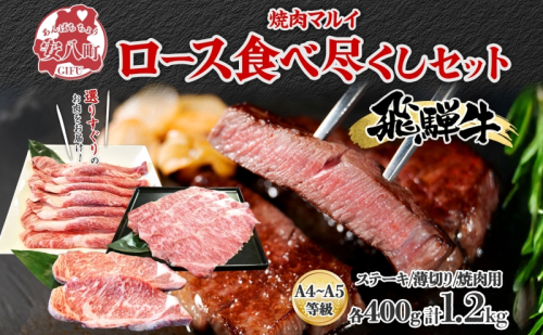 飛騨牛 ロース 食べつくし 約1.2kg  ステーキ 薄切り 焼肉用 各約400g A4ランク A5ランク お肉 牛肉 和牛 国産 ブランド牛 お家焼肉 バーベキュー BBQ 柔らかい 霜降り 旨み 真空パック 冷蔵 タレ付き 自家用 ギフト 送料無料 焼肉マルイ 岐阜県 安八町 1570398 - 岐阜県安八町