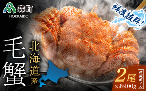 北海道産 冷凍ボイル毛ガニ 400g前後×2尾 ＜海鮮問屋　株式会社　瑞宝＞ かに カニ 蟹 ガニ がに 森町 ふるさと納税 北海道 毛蟹 毛かに 毛ガニ 毛カニ mr1-0947
 158543 - 北海道森町