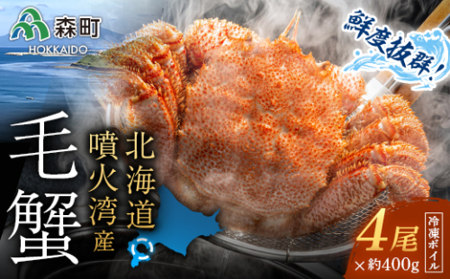 北海道・噴火湾産 冷凍ボイル毛ガニ 400g前後×4尾＜海鮮問屋　株式会社　瑞宝＞ かに カニ 蟹 ガニ がに 森町 ふるさと納税 北海道 毛蟹 毛かに 毛ガニ 毛カニ mr1-0950
 158693 - 北海道森町