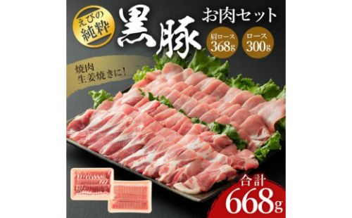 えびの純粋 黒豚お肉セット (肩ロース368g・ロース300g) 合計668g 焼肉 豚肉 お肉 ギフト 贈り物 お礼 お祝い 高級 宮崎県えびの市産 冷凍 送料無料 1588059 - 宮崎県えびの市