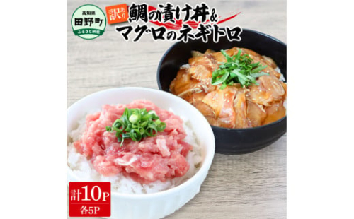 ～四国一小さなまち～ 訳あり 鯛の漬け丼＆マグロのネギトロ 各5P 計10P タイ たい まぐろ 鮪 海鮮丼 ねぎとろ まぐろたたき 粗挽き ねぎとろ丼 ネギトロ丼 魚介 惣菜 おかず 訳アリ 1589667 - 高知県田野町