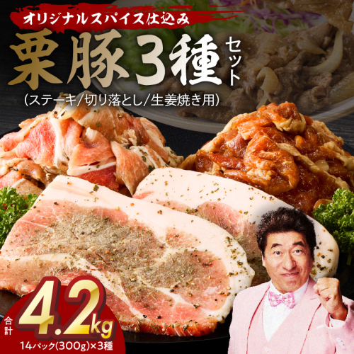 栗豚 3種セット 合計 4.2kg（ステーキ/切り落とし/生姜焼き用）【オリジナルスパイス仕込み 豚肉 小分け 盛り合わせ 食べ比べ 焼くだけ】 099H3143 1590161 - 大阪府泉佐野市