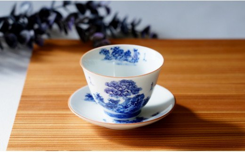 有田焼 手描き 山水絵 せん茶碗皿セット 小 【起山窯】食器 器 うつわ 茶器 煎茶碗 湯呑み 湯呑 茶托 小皿 菓子皿 食洗機対応 A30-642 159437 - 佐賀県有田町