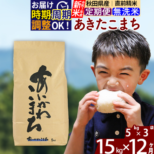 ※令和7年産 新米※《定期便12ヶ月》秋田県産 あきたこまち 15kg【無洗米】(5kg小分け袋) 2025年産 お届け時期選べる お届け周期調整可能 隔月に調整OK お米 藤岡農産 160786 - 秋田県北秋田市