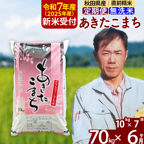 ※令和7年産 新米予約※《定期便6ヶ月》秋田県産 あきたこまち 70kg【無洗米】(10kg袋) 2025年産 お届け時期選べる お届け周期調整可能 隔月に調整OK お米 みそらファーム