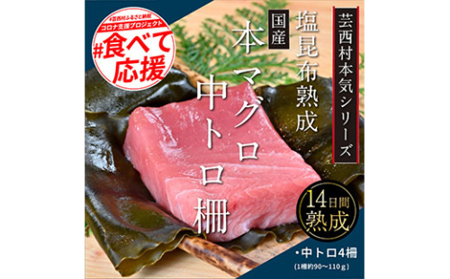 KGP019　緊急支援 芸西村本気の人気海鮮『塩昆布14日間熟成 本マグロ（中トロ）柵（4P）』本まぐろ 刺身 刺し身 魚 惣菜 海鮮丼 魚介類 食べきりサイズ 小分け 冷凍 天然 ギフト お祝い 食べて応援  フードロス 164014 - 高知県芸西村