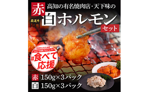 TKA007　赤ホルモン＆白ホルモンセット 天下味オリジナル本格コチュジャン（150g×3パック）と本格塩ダレ漬け（150g×3パック）セット 人気 牛肉 お肉 小腸 焼き肉 タレ 焼肉 BBQ バーベキュー 冷凍 小分け おつまみ どんぶり お手軽 食べて応援 164016 - 高知県芸西村