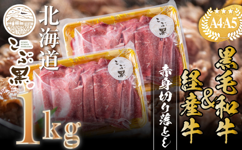 訳あり 北海道産 黒毛和牛 こぶ黒 A5 A4 赤身 切り落とし 計 1kg (500g×2パック)＜LC＞ 165403 - 北海道新ひだか町