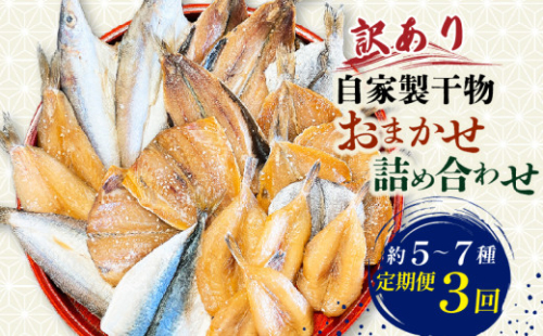 【3回連続定期便】 訳あり 自家製 干物 おまかせ詰め合わせ 約5～7種 毎月全3回 サバ あじ カマス シロサバフグ イワシ シズ カマス 冷凍 干物 鰯 海の幸 鯖 ひもの 詰め合わせ 干物 海鮮 干物セット 魚介 ひもの 干物 海の幸 ひもの あじ 干物 魚貝類 ふるさと納税干物 おかず つまみ 晩酌 ご飯のお供 魚貝 人気 おすすめ 愛知県 南知多町 1684311 - 愛知県南知多町