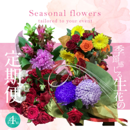 ◆2025年8月31日入金分まで受付◆ 毎月1回、4ヶ月間花束をお届けする定期便です。 碧南市で生産された花々を使って花束やリースなど、季節感を出した一品にお仕上げします。 可愛く包装された花束は生活