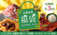 【定期便全３回】志布志市福袋！鰻とおかずいろいろセット(霧島湧水鰻2尾＆釜揚げちりめん＆黒豚ウデ切り落とし＆ウーロン紅茶＆角煮飯) ウナギ 蒲焼 2尾 鰻重 うな丼 黒豚 しらす ちりめんじゃこ バラエティ 食べ比べ t0084-009