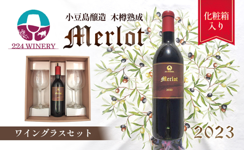 【ワイングラスセット】小豆島醸造 メルロー 2023年 720ml×1本&ブルゴーニュ型ワイングラス2脚 ワイン 国産 1713667 - 香川県土庄町