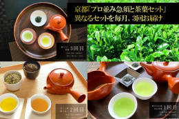 緑茶発祥の地・京都宇治田原からお届けする本格的なお茶と茶器。熱めのお湯でいれる煎茶、香ばしいほうじ茶、ぬるめのお湯でいれる玉露など、毎月種類の異なる茶葉と急須のセットを３か月連続でお届けさせていただき