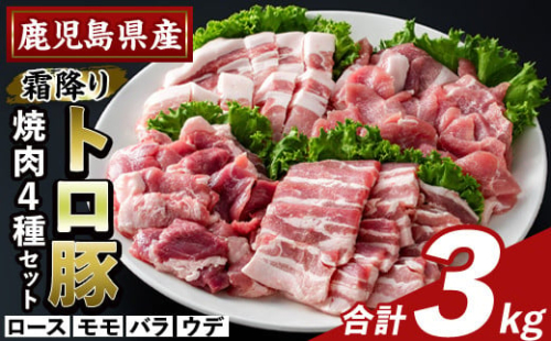 K-379-C 鹿児島県産霜降りトロ豚 焼肉用バラエティセット(合計3kg)【KNOT】霧島市 ロース バラ ウデ モモ 焼き肉 ヤキニク 豚肉 国産 鹿児島県産 肉 精肉 小分け セット 食べ比べ 1733301 - 鹿児島県霧島市