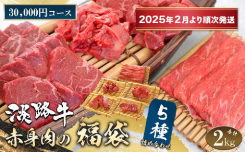 淡路牛 赤身肉の福袋 5種詰合せ 【30,000円コース】【2025年2月より順次発送】　　[福袋 赤身切り落とし 赤身ステーキ 赤身サイコロステーキ 赤身すきやき用スライス 赤身焼肉 福袋] 1801597 - 兵庫県淡路市