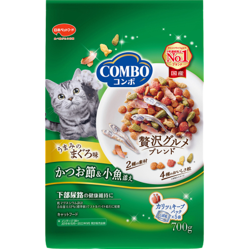 《ペットフード》日本ペットフード コンボ キャット まぐろ味・かつお節・小魚添え 700g(140g×5袋入) ×12袋(ケース) 1850177 - 静岡県袋井市