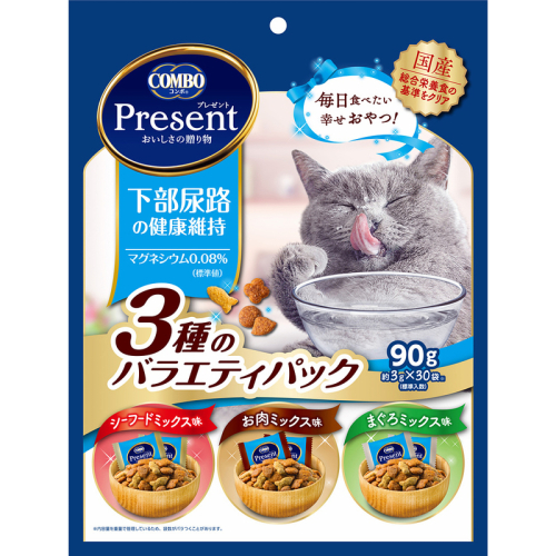 《ペットフード》日本ペットフード コンボプレゼント キャットおやつ 下部尿路の健康維持 3種のバラエティパック 90g(小分け30袋入り)×15袋(ケース) 1850188 - 静岡県袋井市