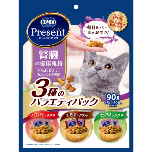 《ペットフード》日本ペットフード コンボプレゼント キャットおやつ 腎臓の健康維持 3種のバラエティパック 90g(小分け30袋入り)×15袋(ケース) 1850189 - 静岡県袋井市