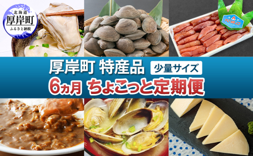 厚岸町 特産品 少量サイズ 6ヵ月 ちょこっと 定期便 【牡蠣 かき むき身 あさり アサリ たらこ タラコ 切子 カレー チーズ  ゴーダチーズ 魚貝類 海の幸 乳製品 レトルト】 1850193 - 北海道厚岸町